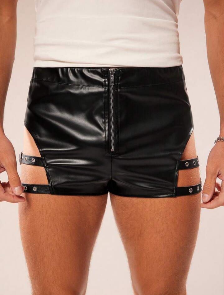 Men's Solid Color Zipper Front PU Leather Cutout Eyelet Snap Closure Shorts